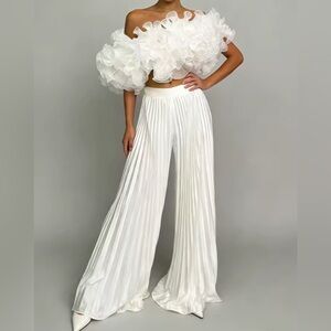 NEW $228 Amezia Luxury Ruffle Organza Crop Top & Pleated Wide-Leg Pant Set